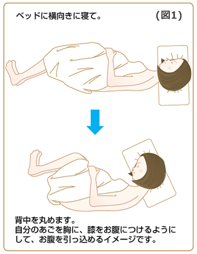 ペットに横向きに寝て。背中を丸めます。自分の顎を胸に、膝をつけるようにして、お腹を引っ込めるイメージです。